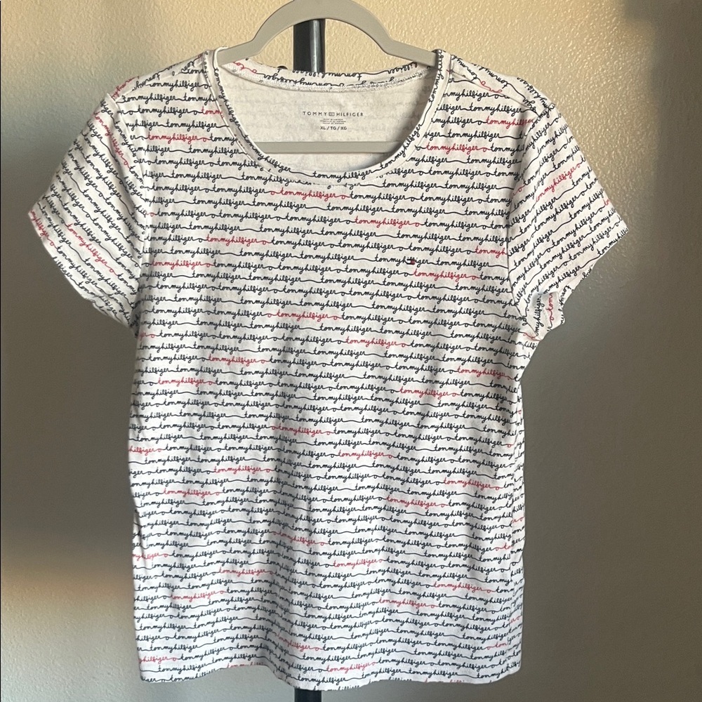 Tommy Hilfiger Women's White and Red Script Tee 100% cotton